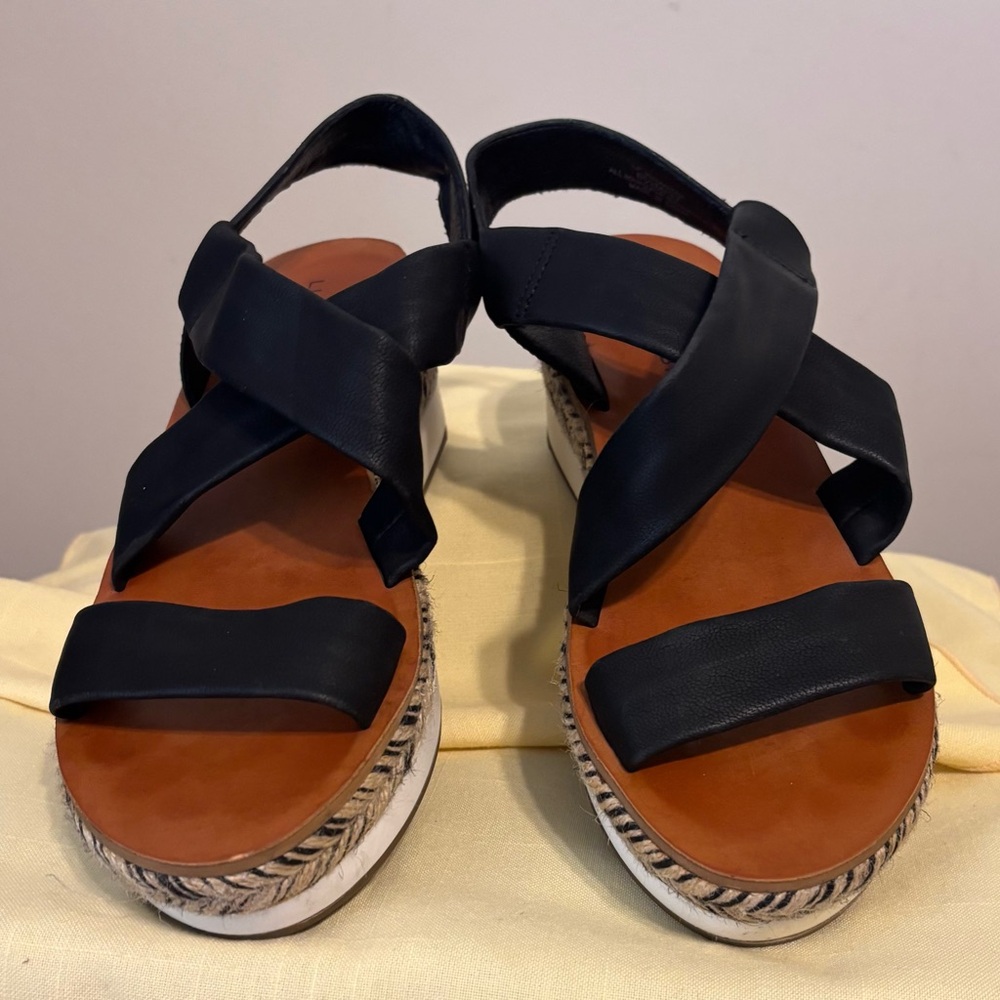 Lucky Brand Johanna Wedge Sandals Sz 7 Womens Black Leather Boho Hippie Y2K